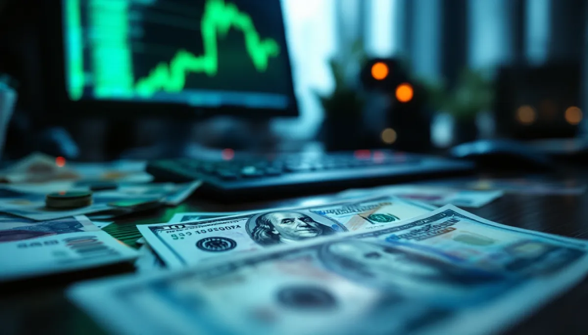 US dollar bills and Asian currency notes on desk with forex chart in background