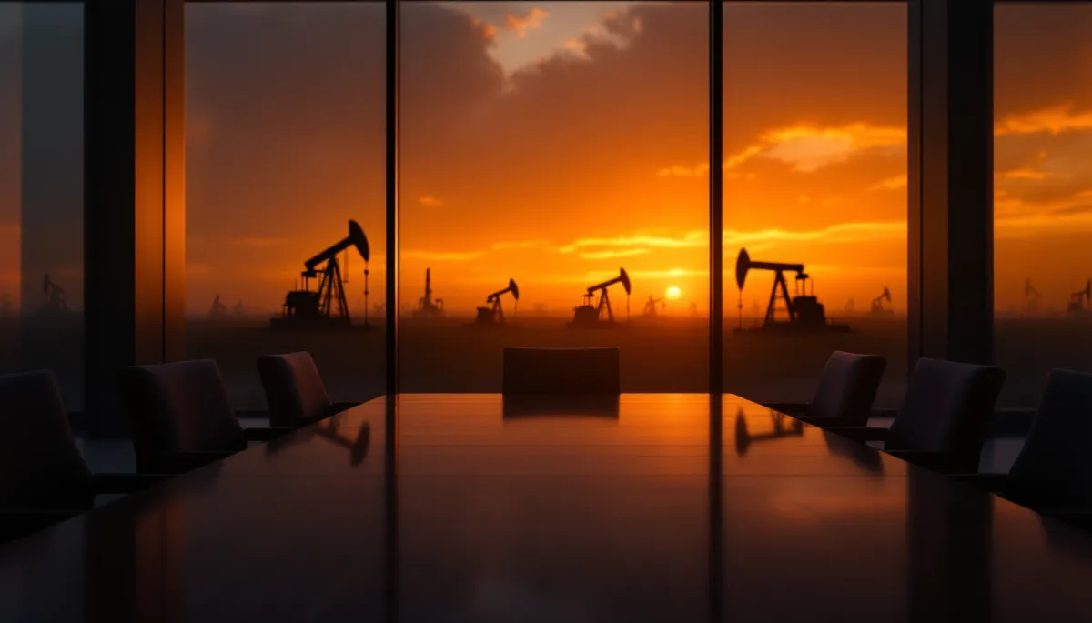 A diplomat walking through airport departure gate with oil market charts visible on screens behind