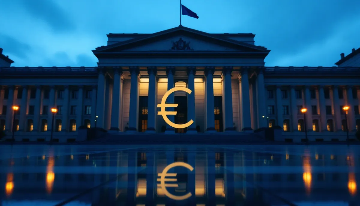 Euro currency symbol against muted European skyline representing EUR pension value erosion for expats