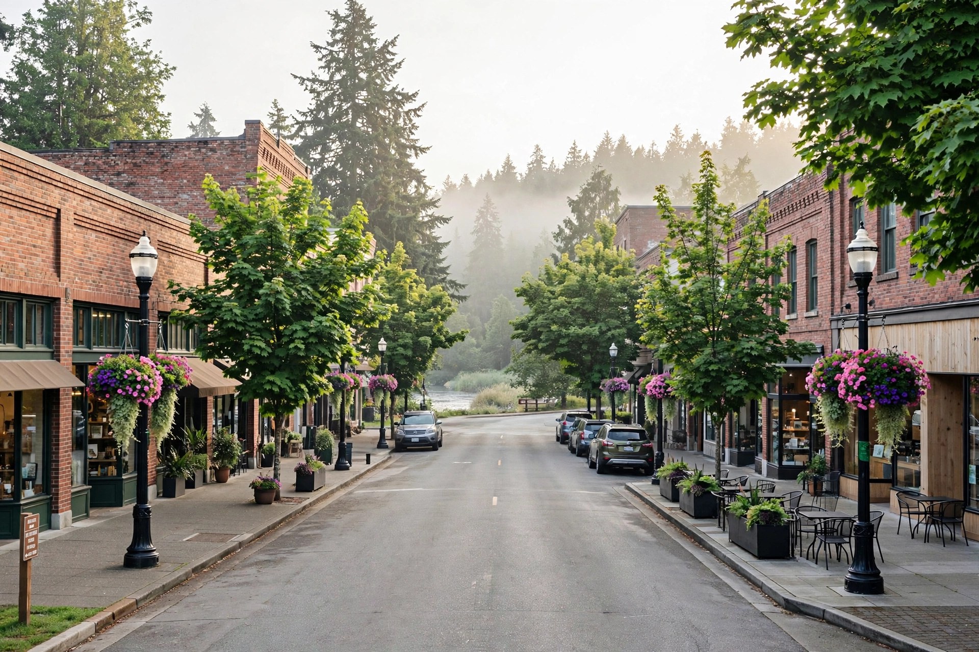 Downtown Bothell Washington Main Street in morning light