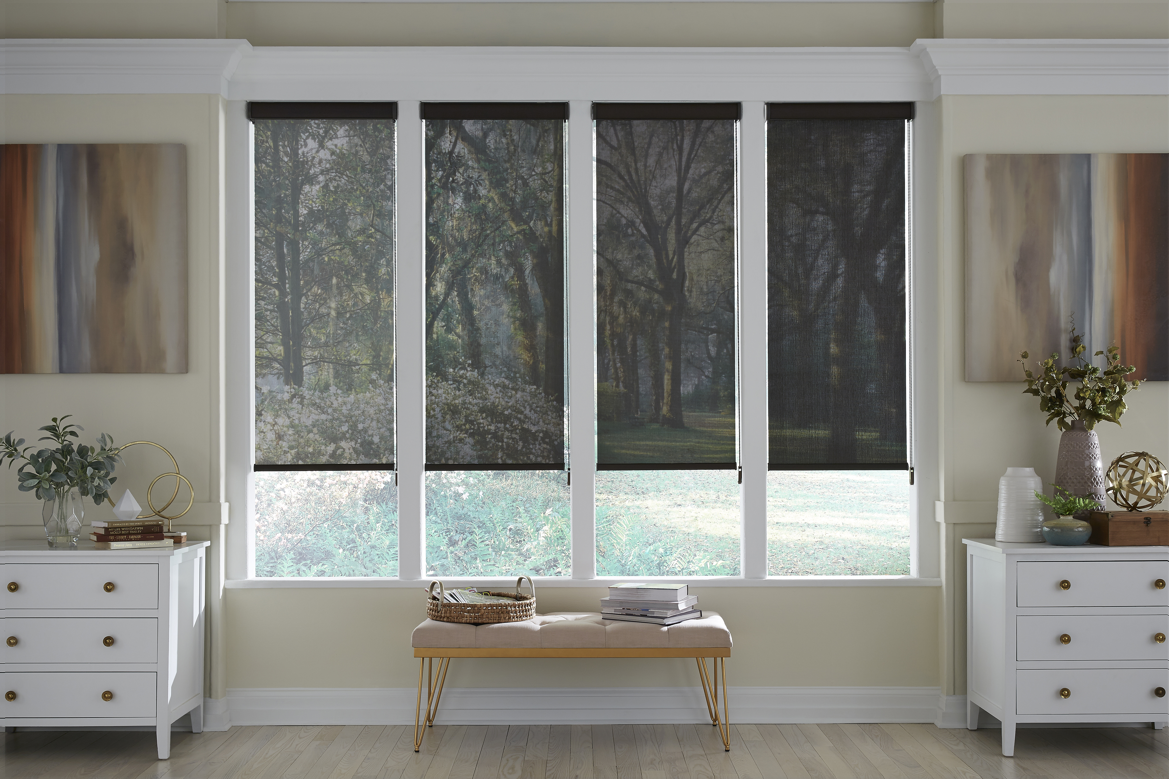 Solar shade reducing glare while preserving the outdoor view