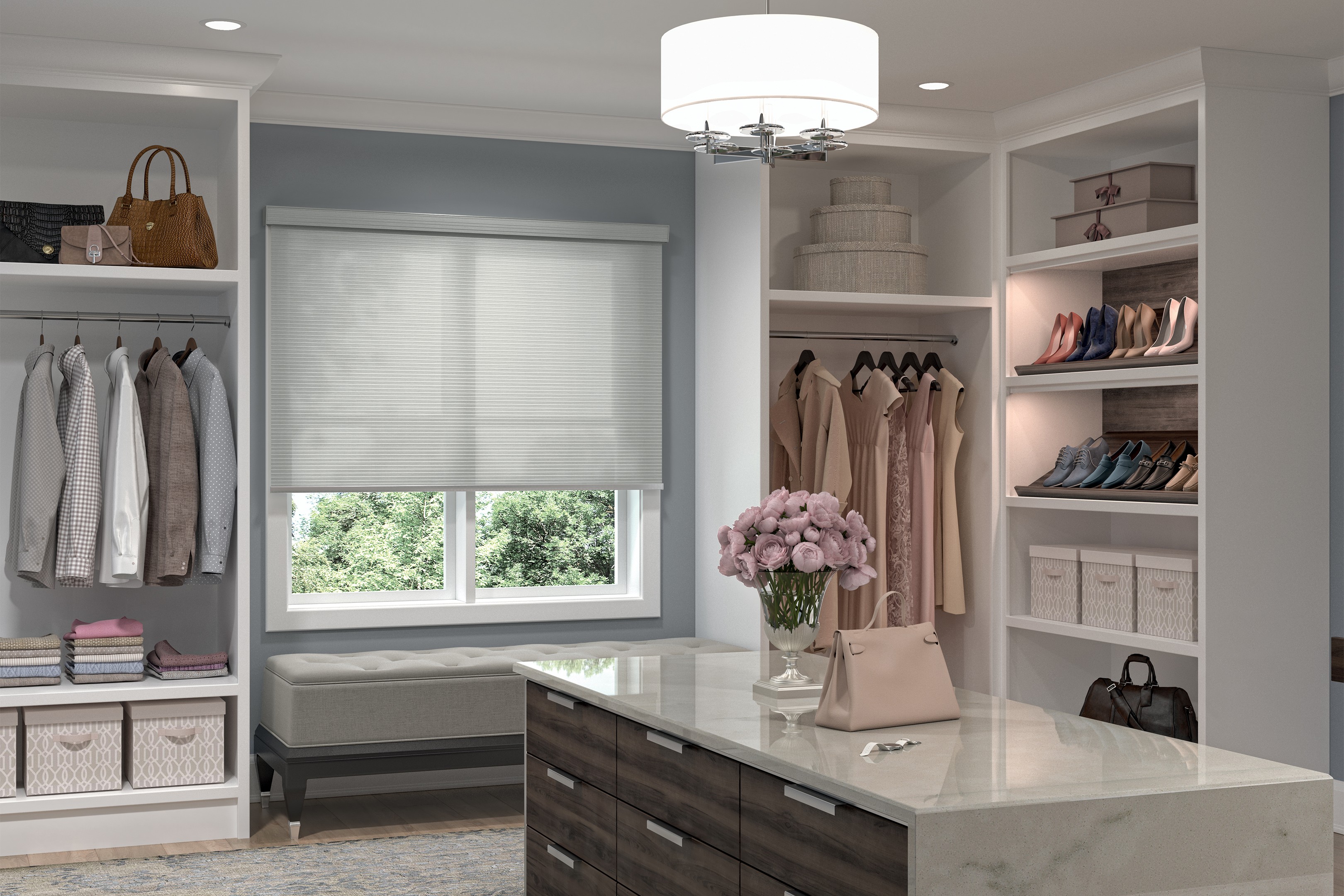 Patterned custom roller shade with motorized lift