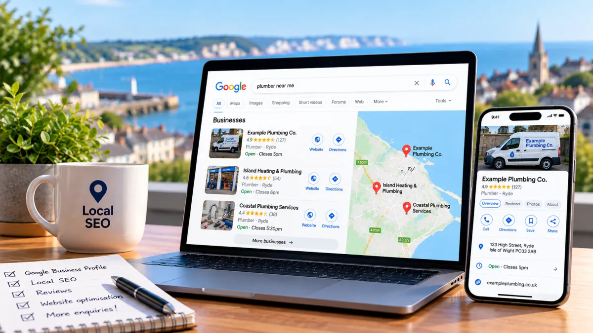 Laptop and smartphone showing local Google search results and a small business profile