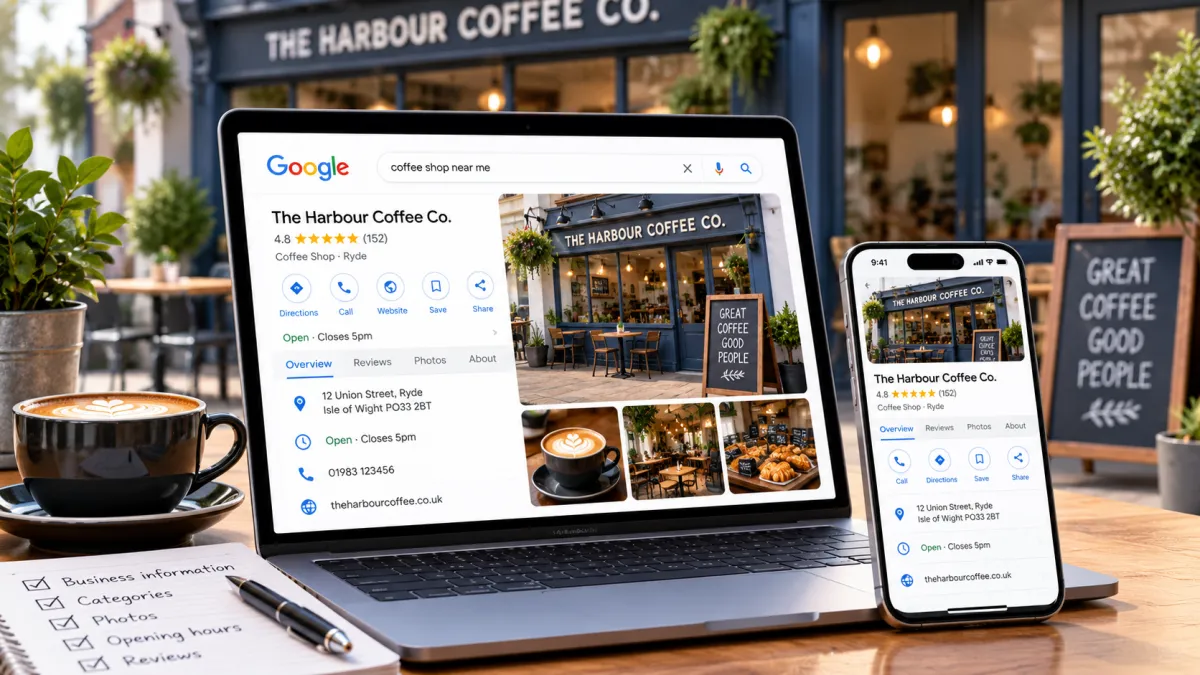 Laptop and smartphone displaying a local coffee shop Google Business Profile