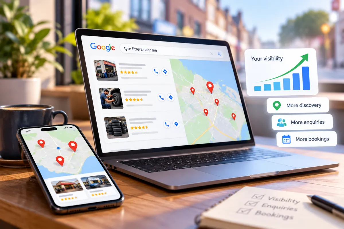 Open laptop and mobile phone displaying local 3-pack search results