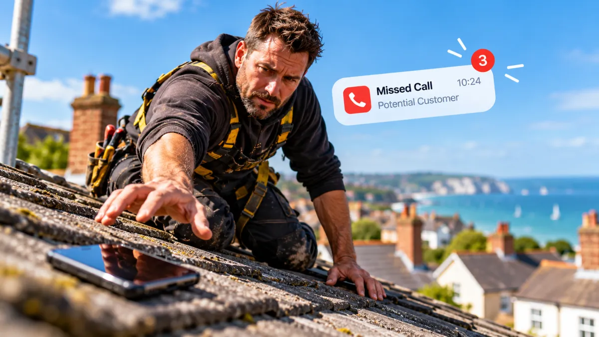 Roofer checking missed customer calls while working on a roof