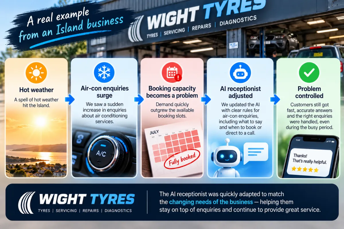 Wight Tyres case study showing how its AI receptionist was adapted to handle a surge in air-conditioning enquiries