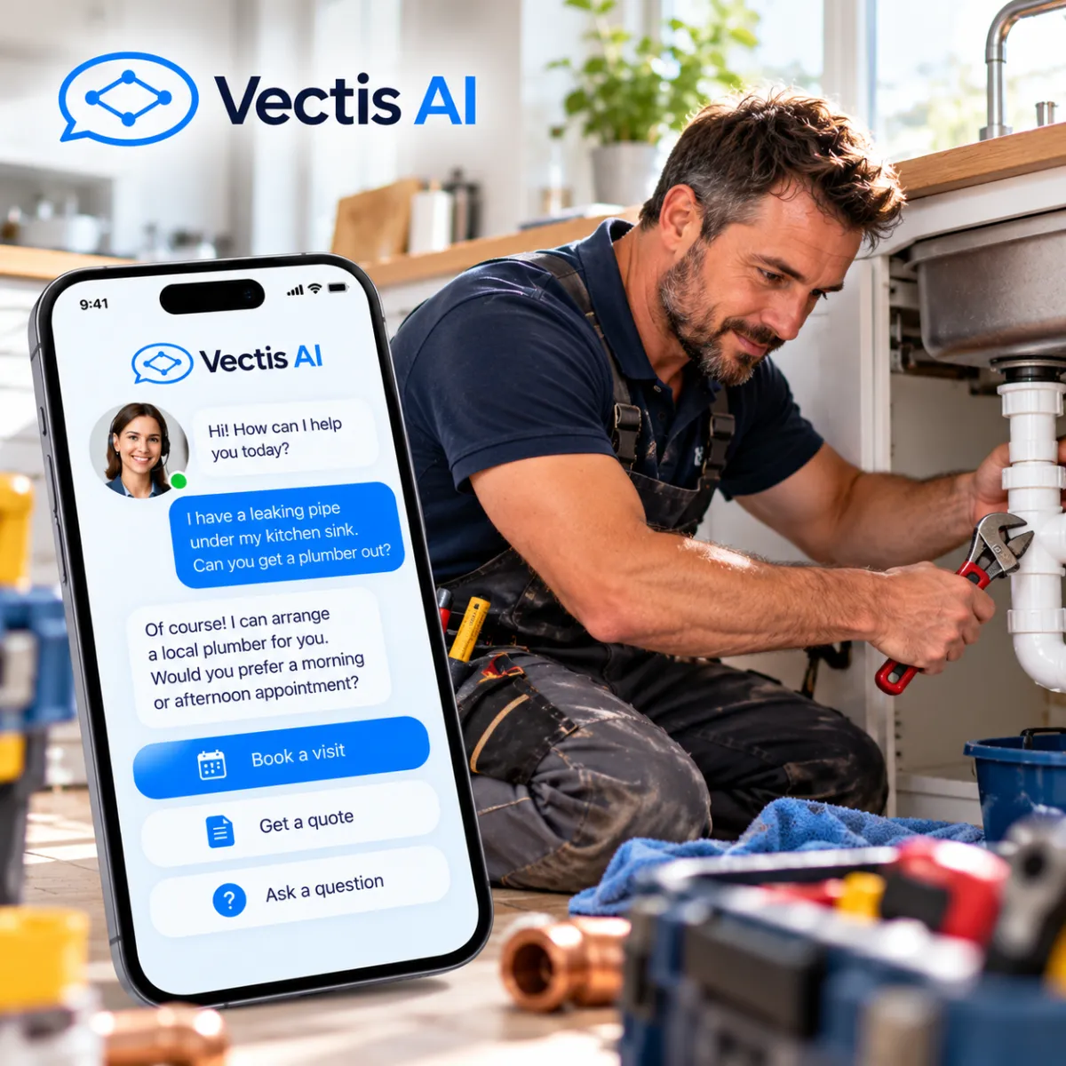 Plumber working under a kitchen sink while an AI receptionist handles a customer enquiry