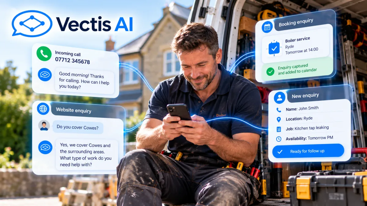 Tradesperson using Vectis AI to handle customer calls, website enquiries and bookings