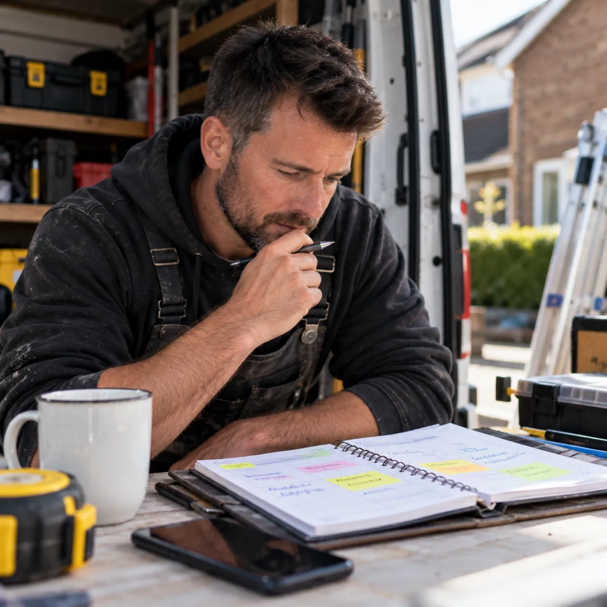 Tradesperson reviewing his work schedule and planning for changes in his business