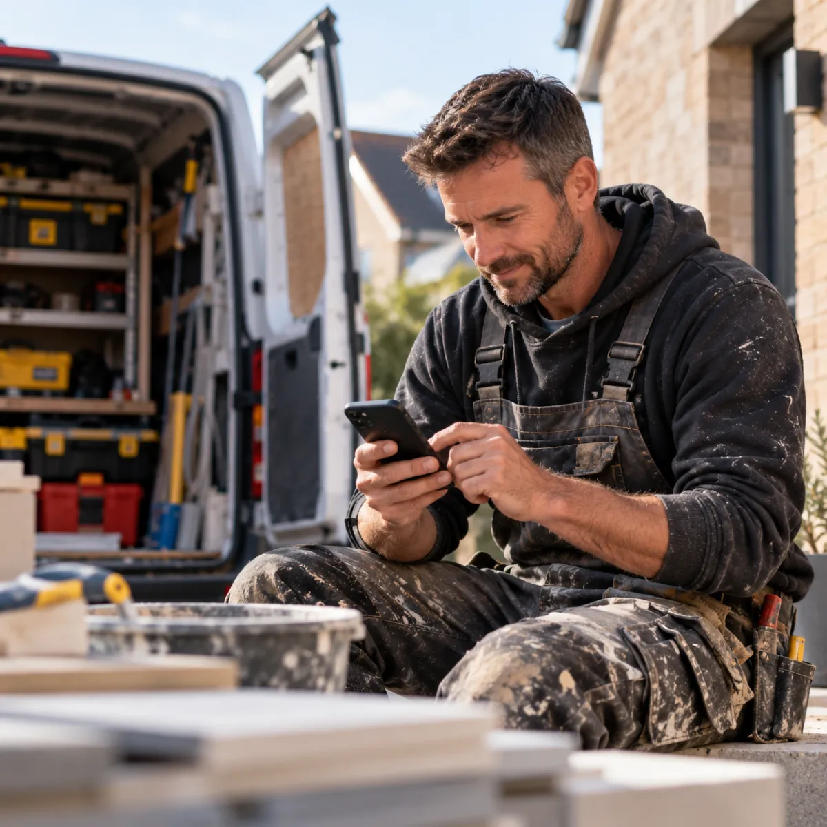 Tradesperson using a smartphone to manage customer enquiries while working