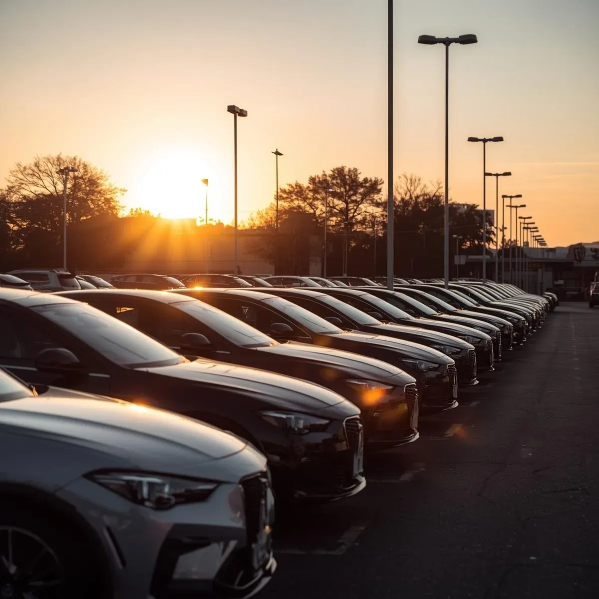 sunset view of new cars at a dealership