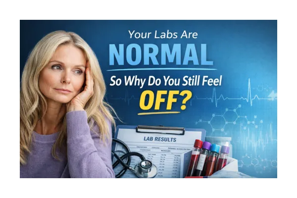 Woman with fatigue and concern next to text “Your labs are normal but you still feel off” with lab results and blood testing imagery, representing unexplained symptoms in women.
