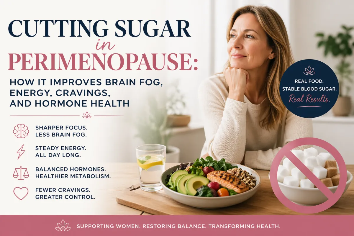 Woman eating a healthy meal illustrating cutting sugar in perimenopause to reduce brain fog, improve energy, and balance hormones