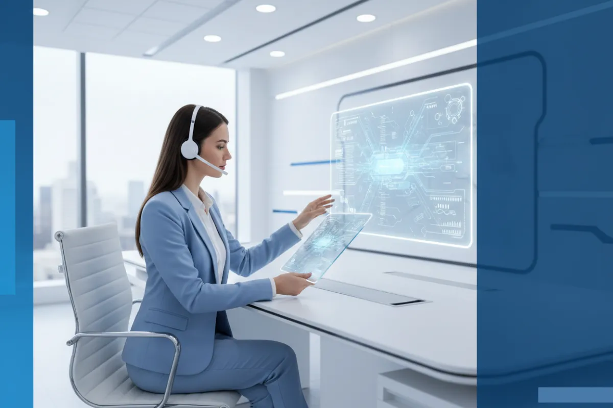 A professional receptionist answering a phone at a clinic reception desk in business attire; warm, well-lit office environment with a blue background, no visible technology overlays.