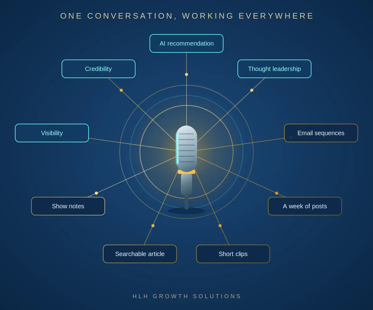 A podcast microphone inside gold spotlight rings radiating out to the content and authority one conversation creates, on a navy HLH Growth Solutions background.
