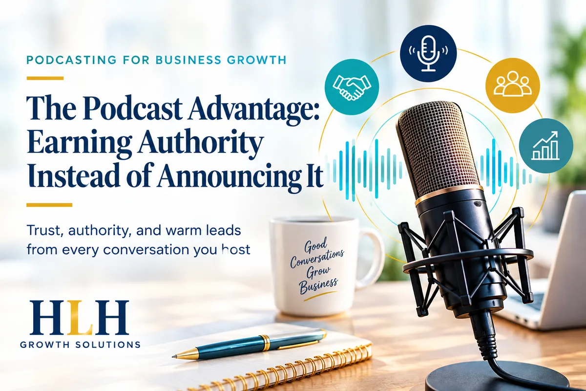 microphone surrounded by spotlight rings beside the headline The Podcast Advantage: Earning Authority Instead of Announcing It