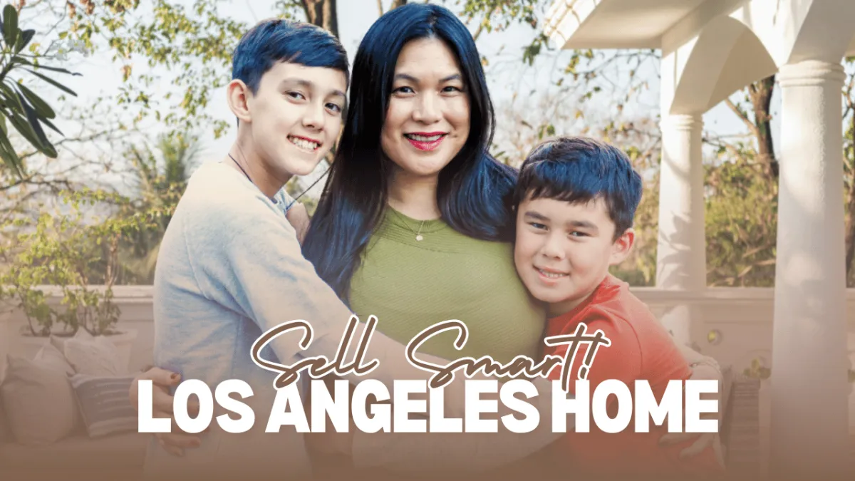Thumbnail showing Tricia Watts standing with her two sons on a balcony overlooking Los Angeles, overlaid with the words “Sell Smart, Los Angeles Homes, Read Now.