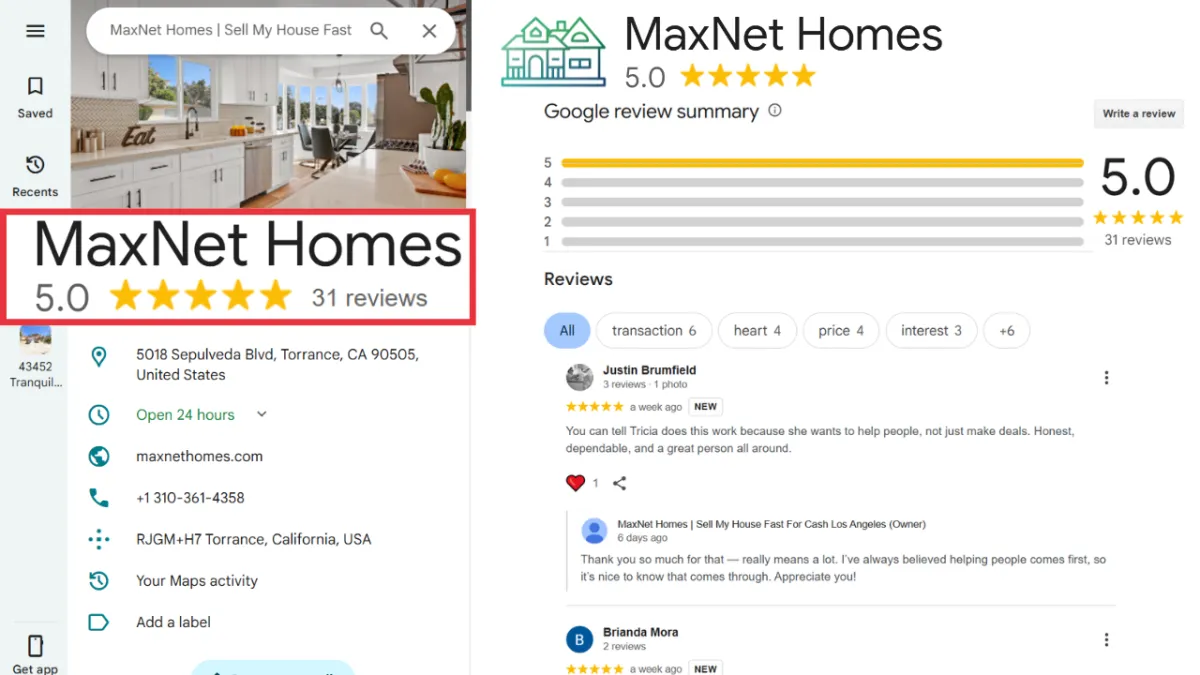 MaxNet Homes 5 star rating on Google Business Profile. Top reviewed cash home buyers in Los Angeles. Trusted home selling solution with fast, fair cash offers.