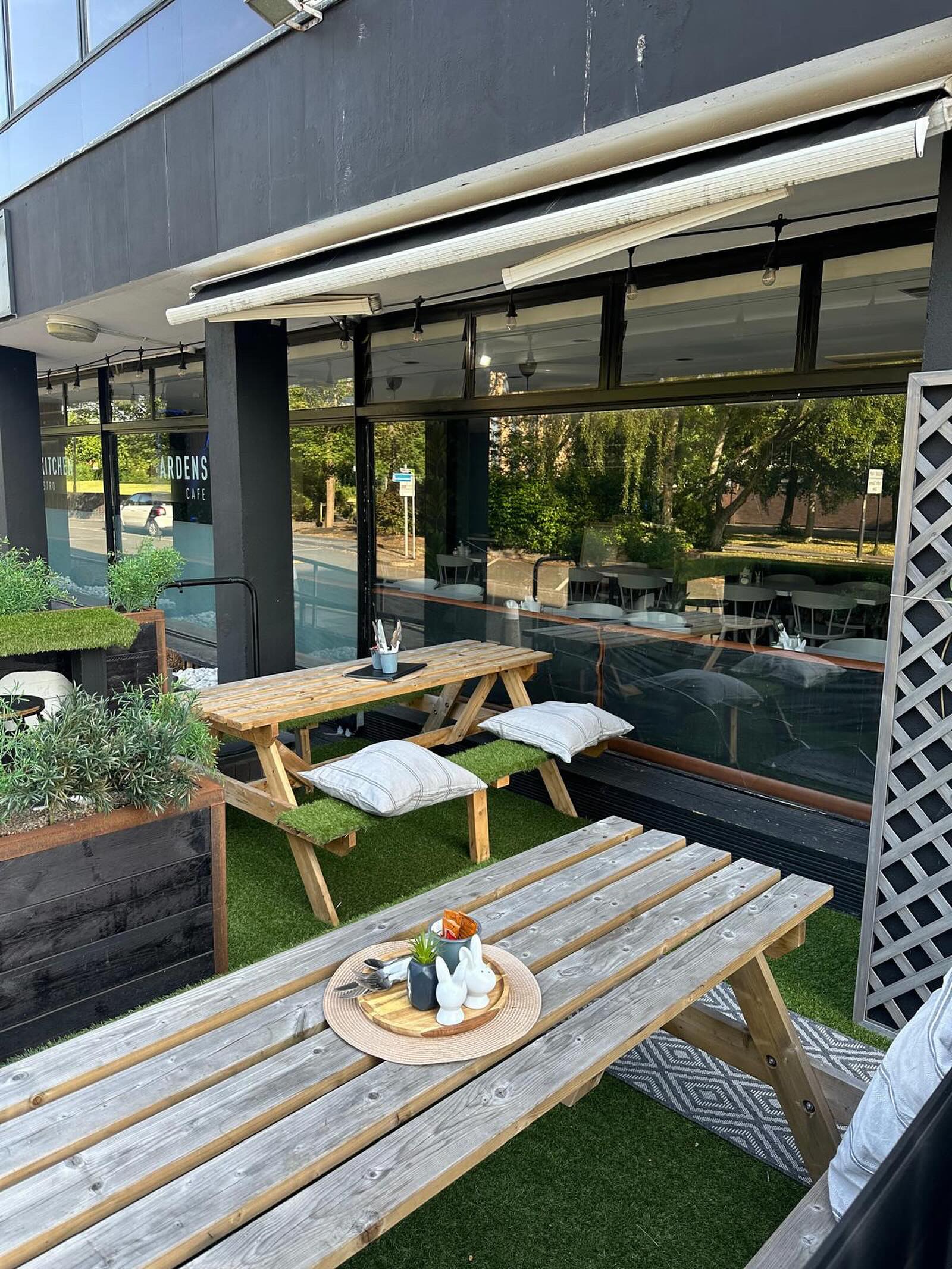 Outdoor café seating area at Dobson House, Regent Farm Road, Gosforth, Newcastle upon Tyne