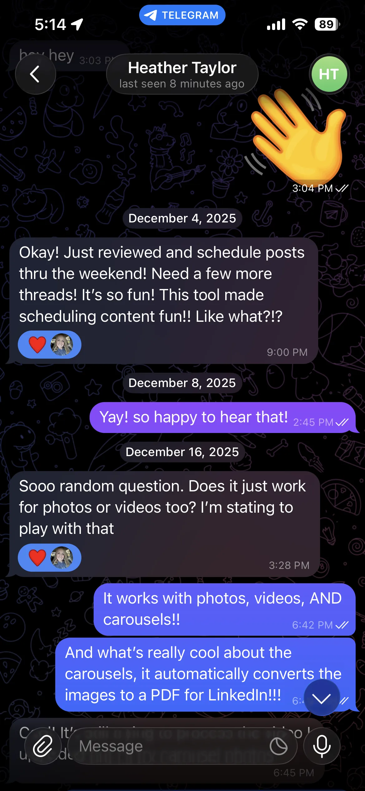 User testimonial screenshot showing client feedback: 'It is so fun to use' in response to Rosie Bot automated content system