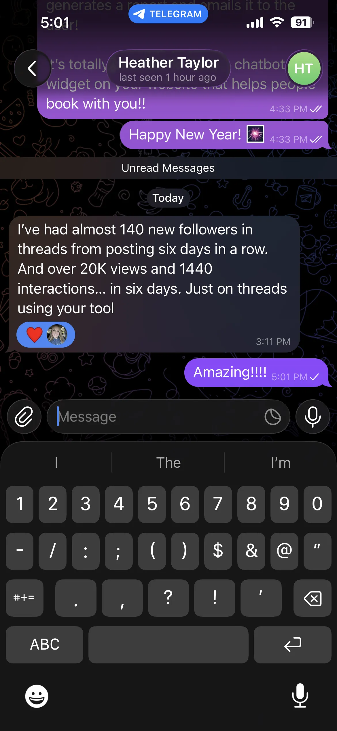 Threads analytics displaying 140 new followers gained and 20,000 content views achieved using Rosie Bot automation