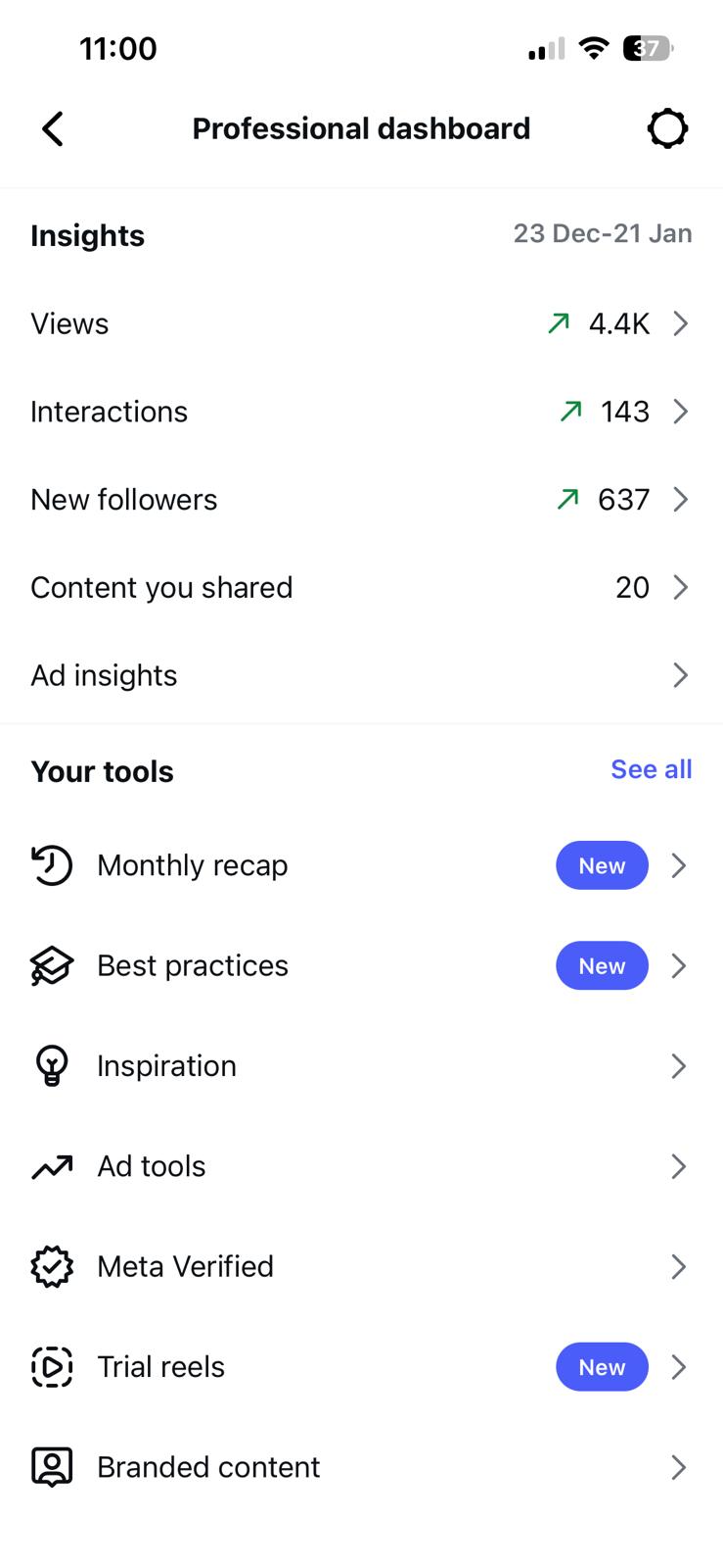 Instagram analytics showing 637 new followers gained in 30 days through Rosie Bot automated posting system