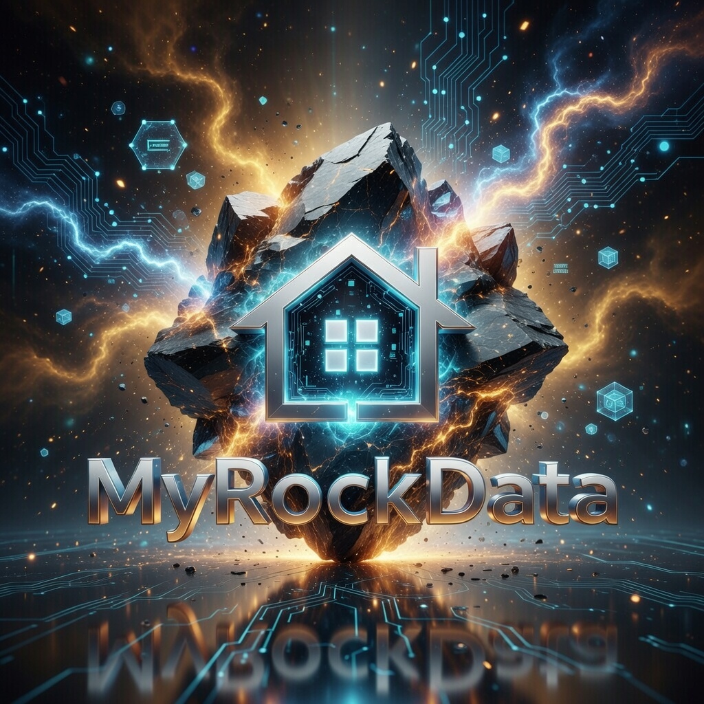 Rock with house icon and electric data sparks