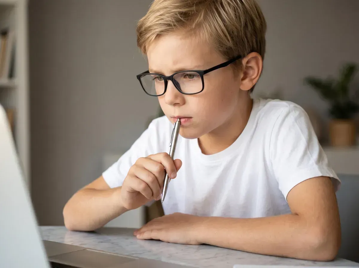 Young learner studying online with iReading Tutor to improve literacy skills. (Brand-specific)