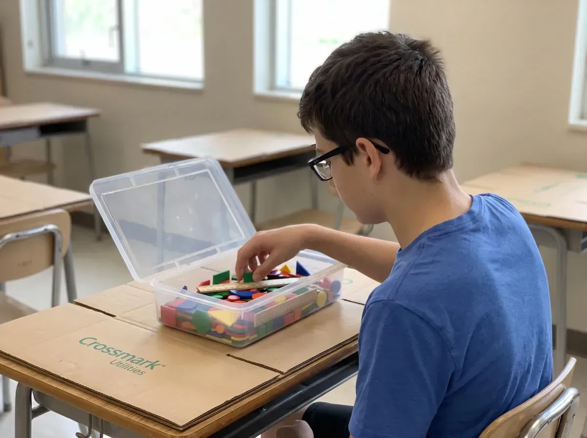 A student at a desk sorting colorful geometric learning shapes.