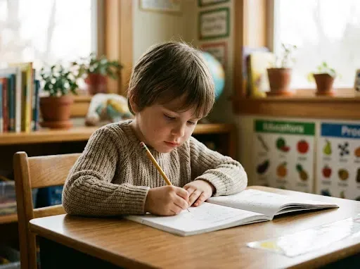 Young student writing in a notebook during a reading lesson, representing literacy development and learning with iReading Tutor.