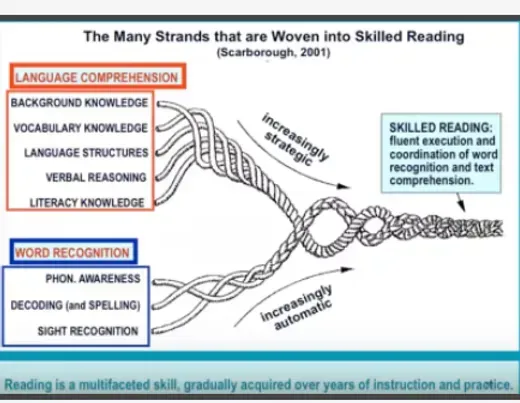 Scarborough Reading Rope diagram illustrating how language comprehension and word recognition combine to develop skilled reading through increasingly strategic and automatic processes.