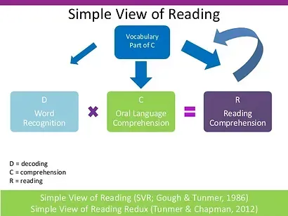 Simple View of Reading diagram showing that reading comprehension is the product of word recognition and oral language comprehension, with vocabulary supporting comprehension.