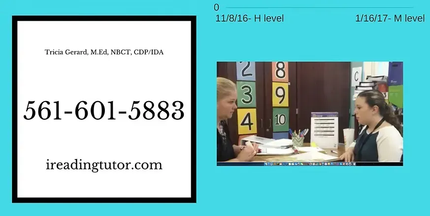 iReading Tutor contact information displayed beside a photo of a tutor conducting a one-on-one reading assessment with a student.