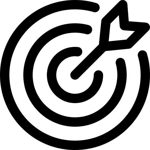 Outlined target icon with an arrow representing goals, accuracy, success, or achievement.
