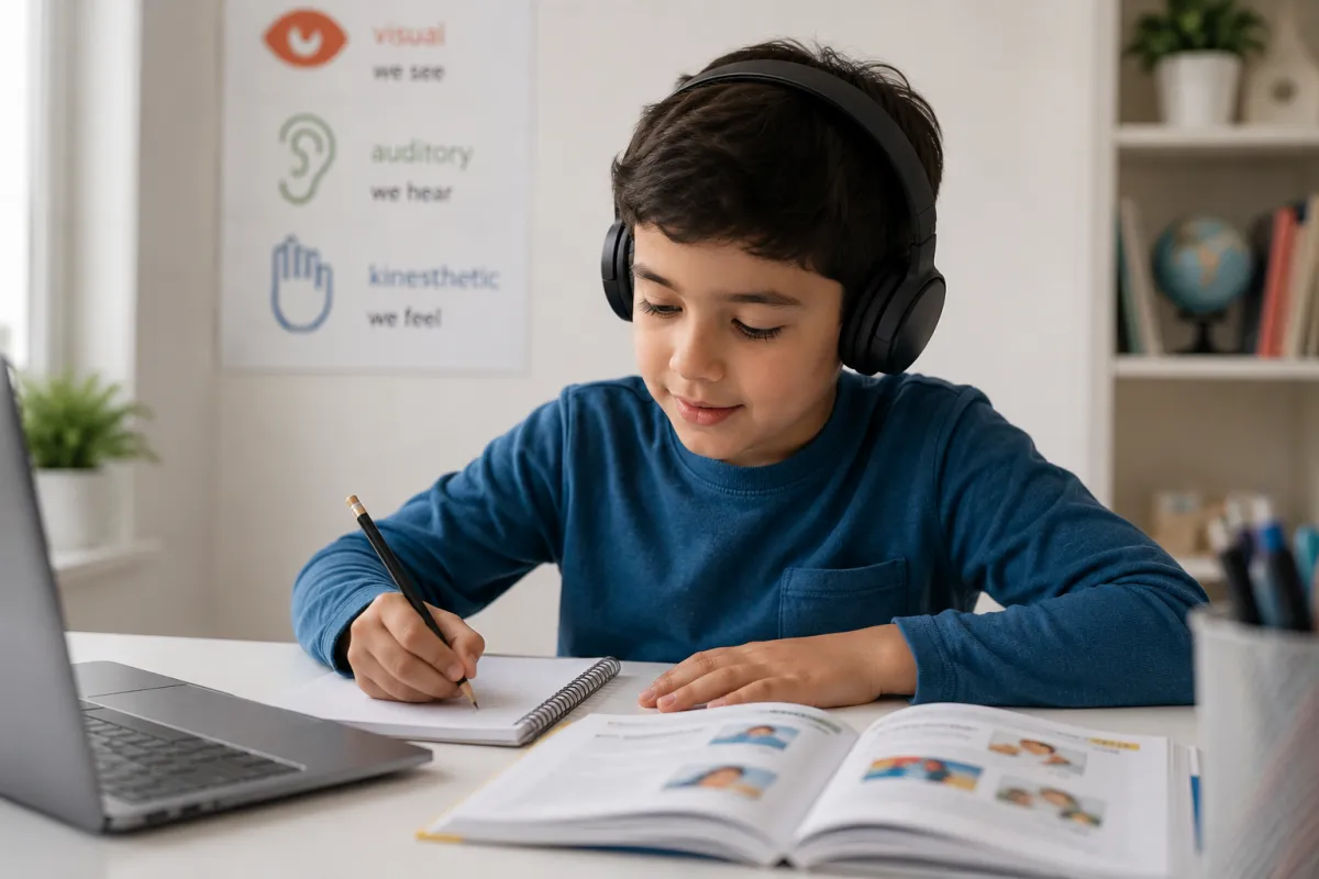 Young learner studying online with iReading Tutor to improve literacy skills. (Brand-specific)