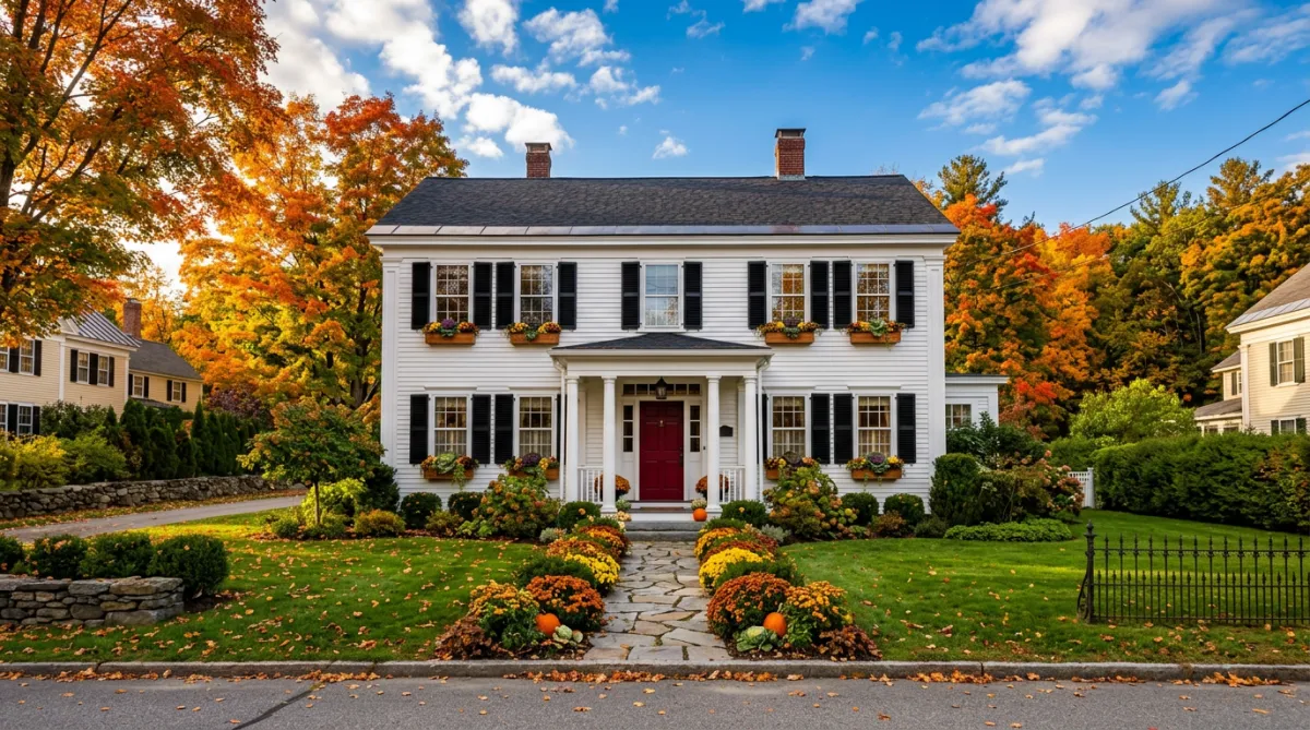 Tree-lined residential street with well-maintained colonial homes in Newton Massachusetts during peak selling season
