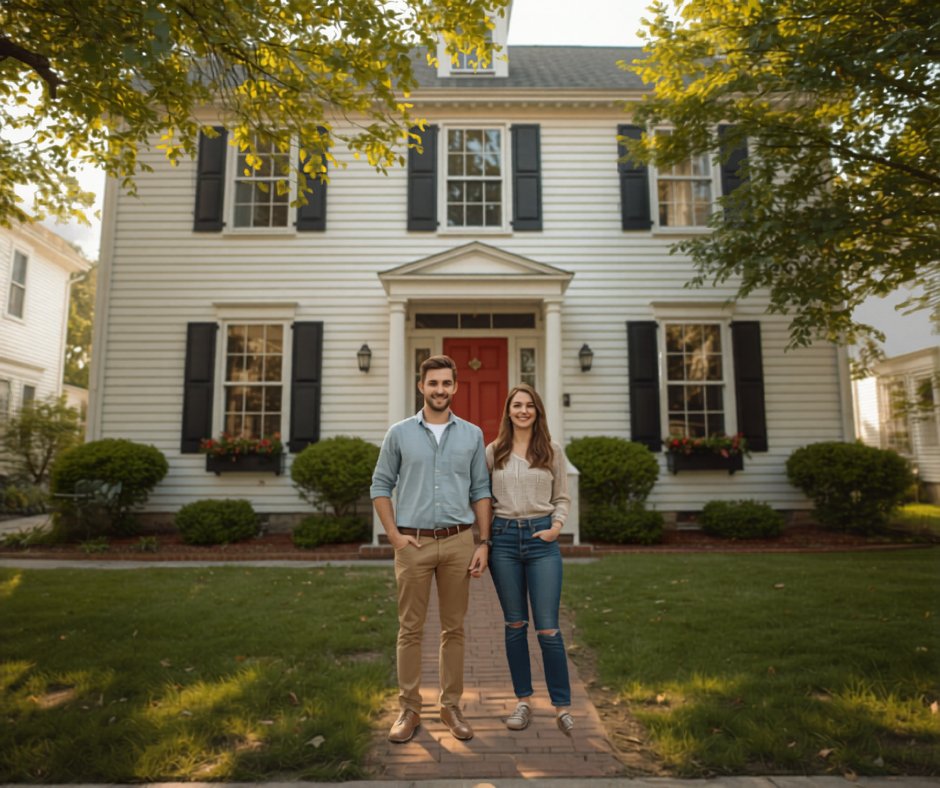 Happy first-time homebuyer couple outside a New England colonial home in Greater Boston Massachusetts