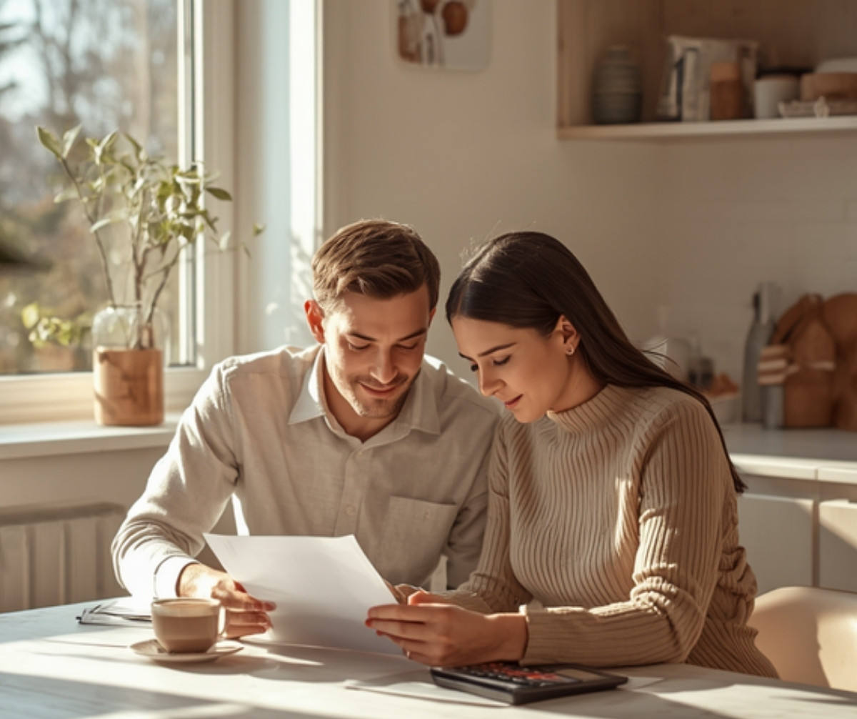 A young couple reviewing home financing paperwork at a kitchen table with a calculator and a cup of coffee in warm natural light.