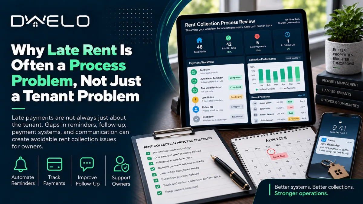 Property manager reviewing a rent collection process for rental properties