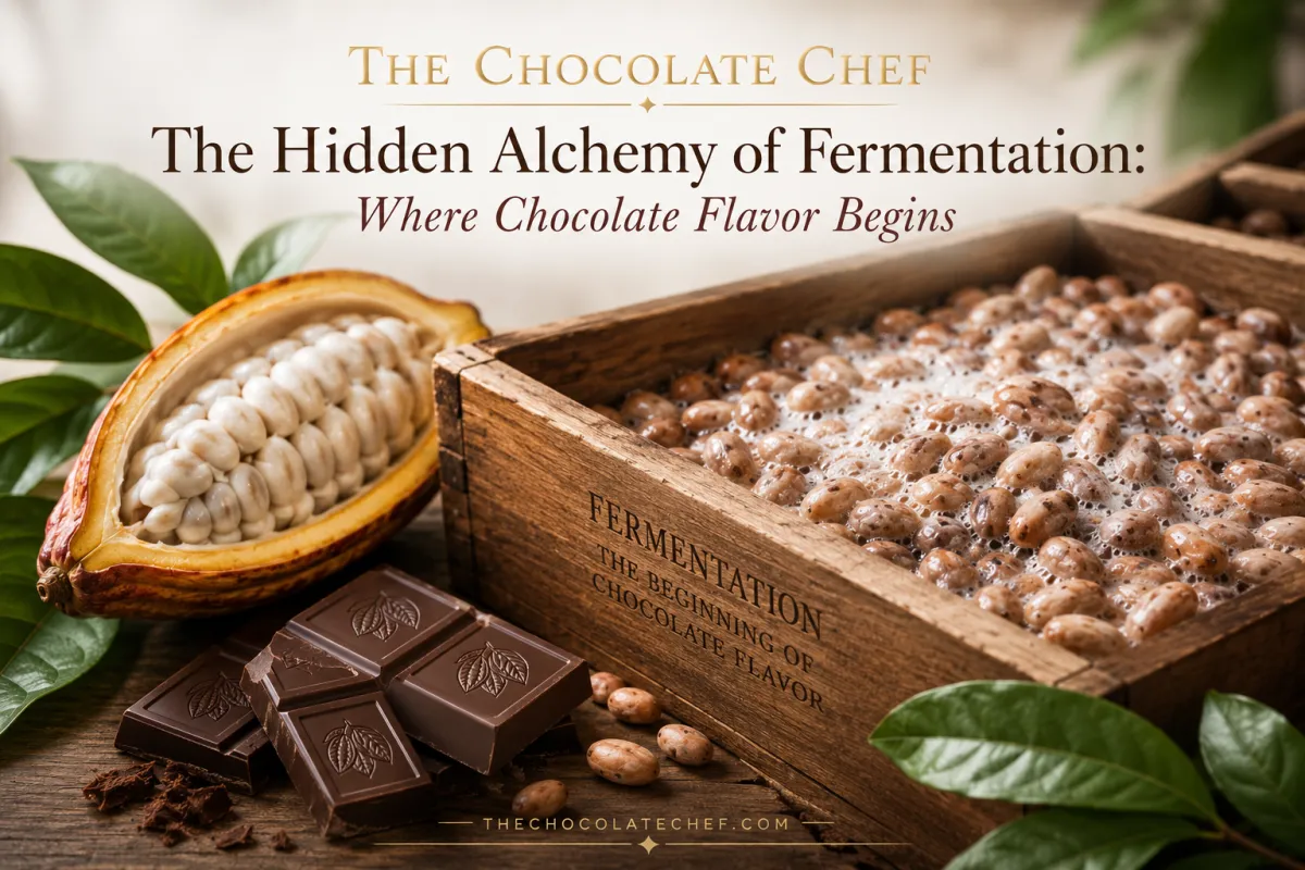 Cacao fermentation box with fresh cacao pod, chocolate pieces, and cacao leaves illustrating how fermentation develops chocolate flavor.