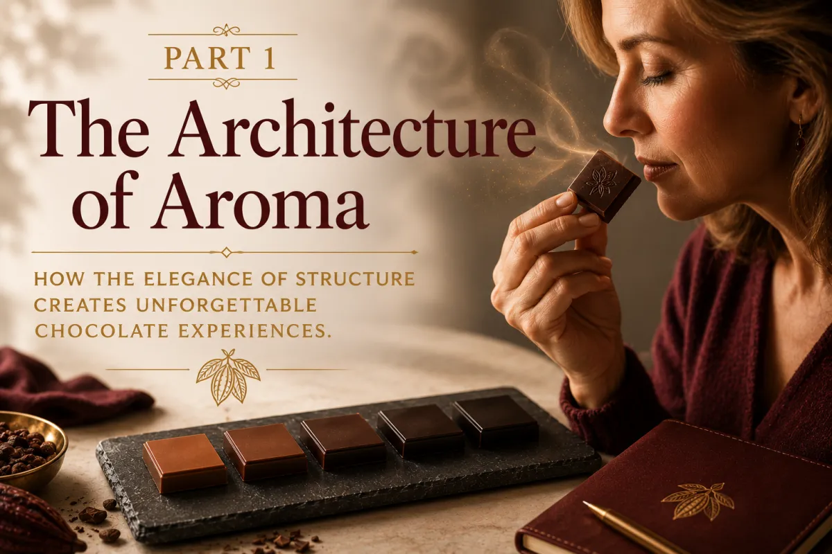 Elegant chocolate tasting graphic with gold aroma swirls rising from dark chocolate squares — The Architecture of Aroma Part 1
