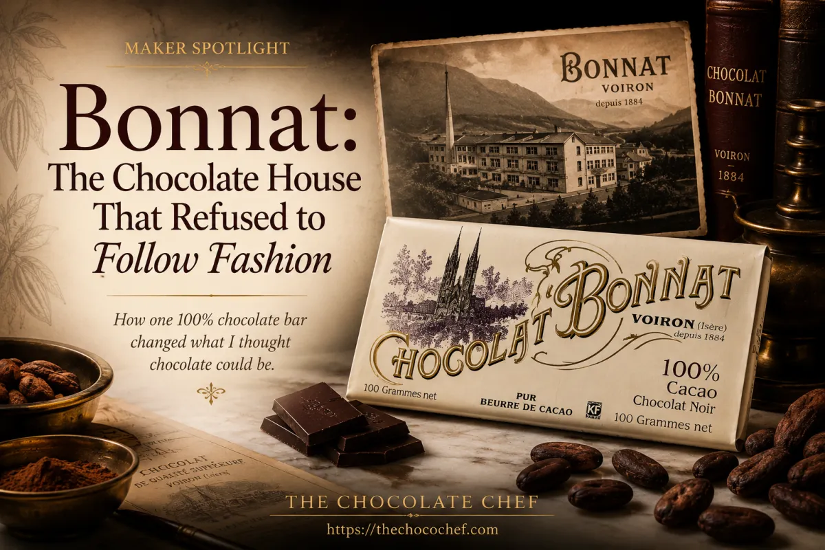 Bonnat 100% chocolate bar styled with cocoa beans, vintage French chocolate imagery, and the title “Bonnat: The Chocolate House That Refused to Follow Fashion” for The Chocolate Chef blog.