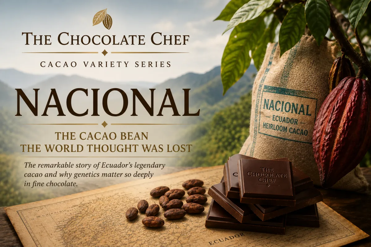 The journey from rare Nacional cacao trees to fine chocolate, illustrating fermentation, drying, roasting, and artisan chocolate making with The Chocolate Chef.