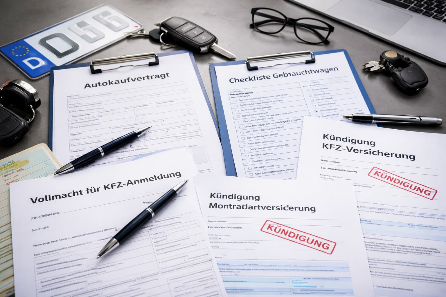 Kfz-Dokumente wie Kaufvertrag, Unfallbericht und Checkliste für Gebrauchtwagen – wichtige Unterlagen für Schadensbewertung und Gutachten