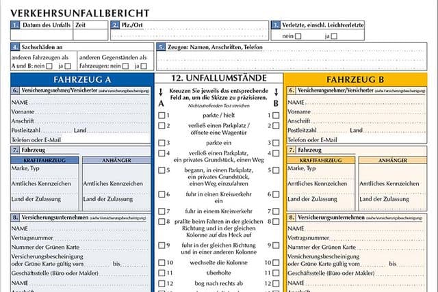 Verkehrsunfallbericht Formular zur Dokumentation eines Unfalls – wichtige Grundlage für Schadensregulierung und Gutachten durch Kfz-Sachverständigen
