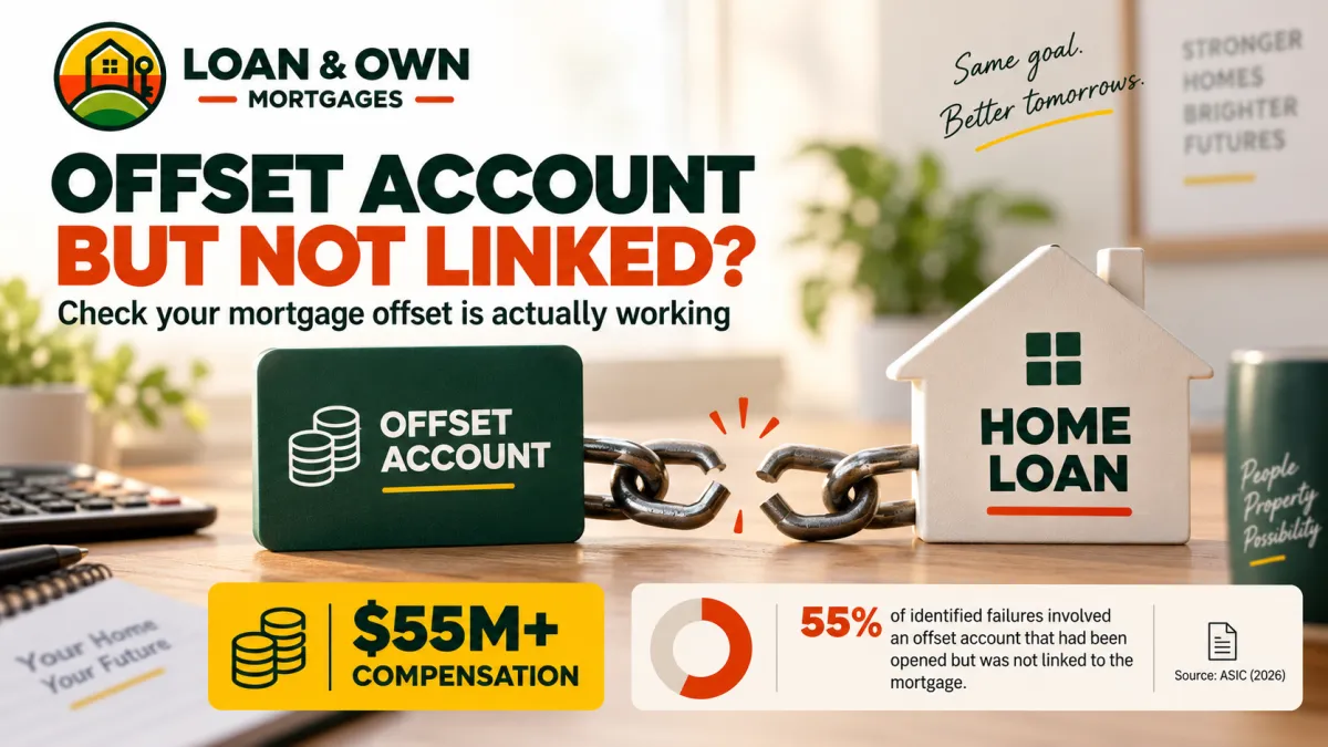 LNO Mortgages banner showing an offset account disconnected from a home loan, highlighting ASIC’s $55M+ mortgage offset compensation warning.