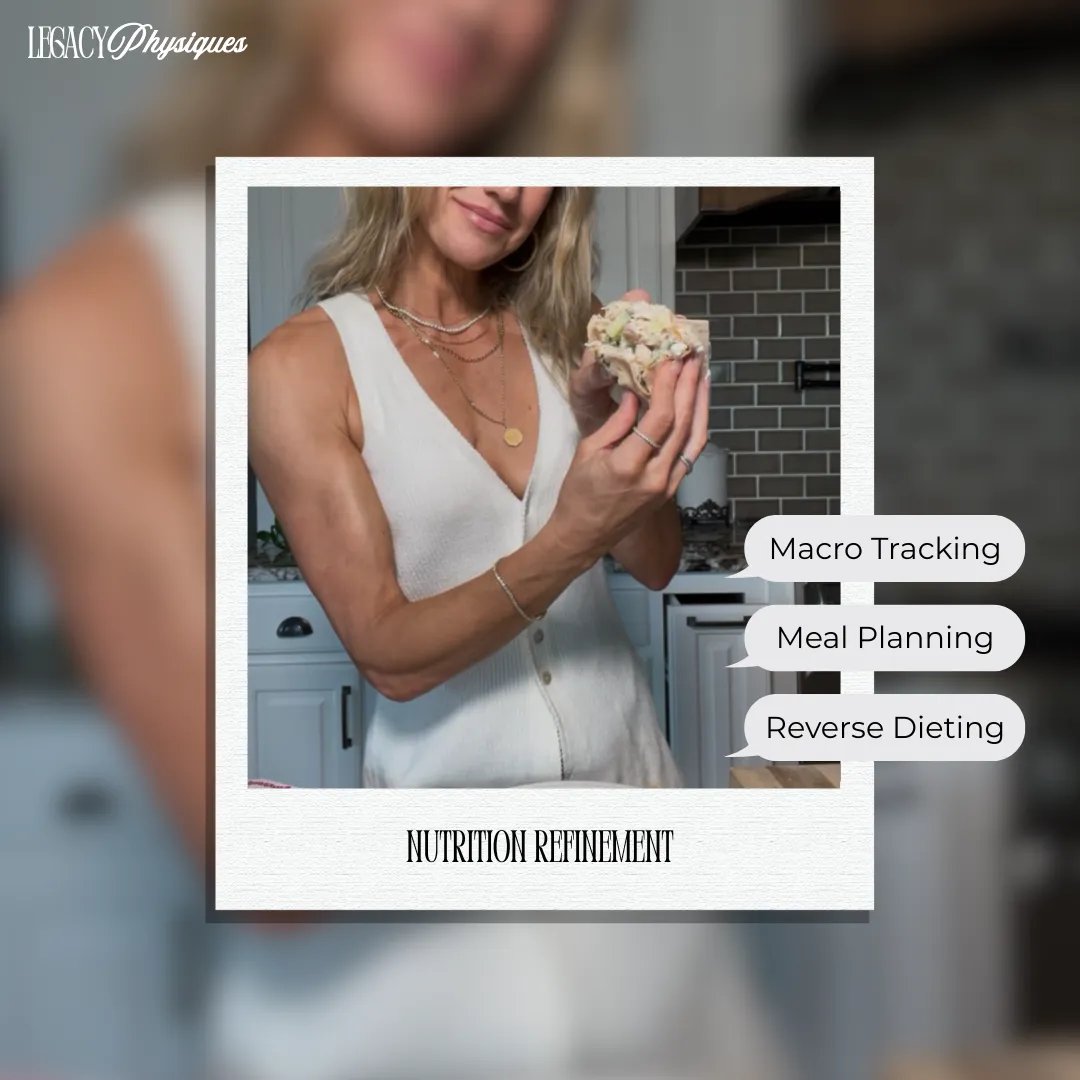 Lindsey Black holding a chicken salad wrap snack in kitchen, representing macro tracking, meal planning, and reverse dieting for women’s nutrition refinement.