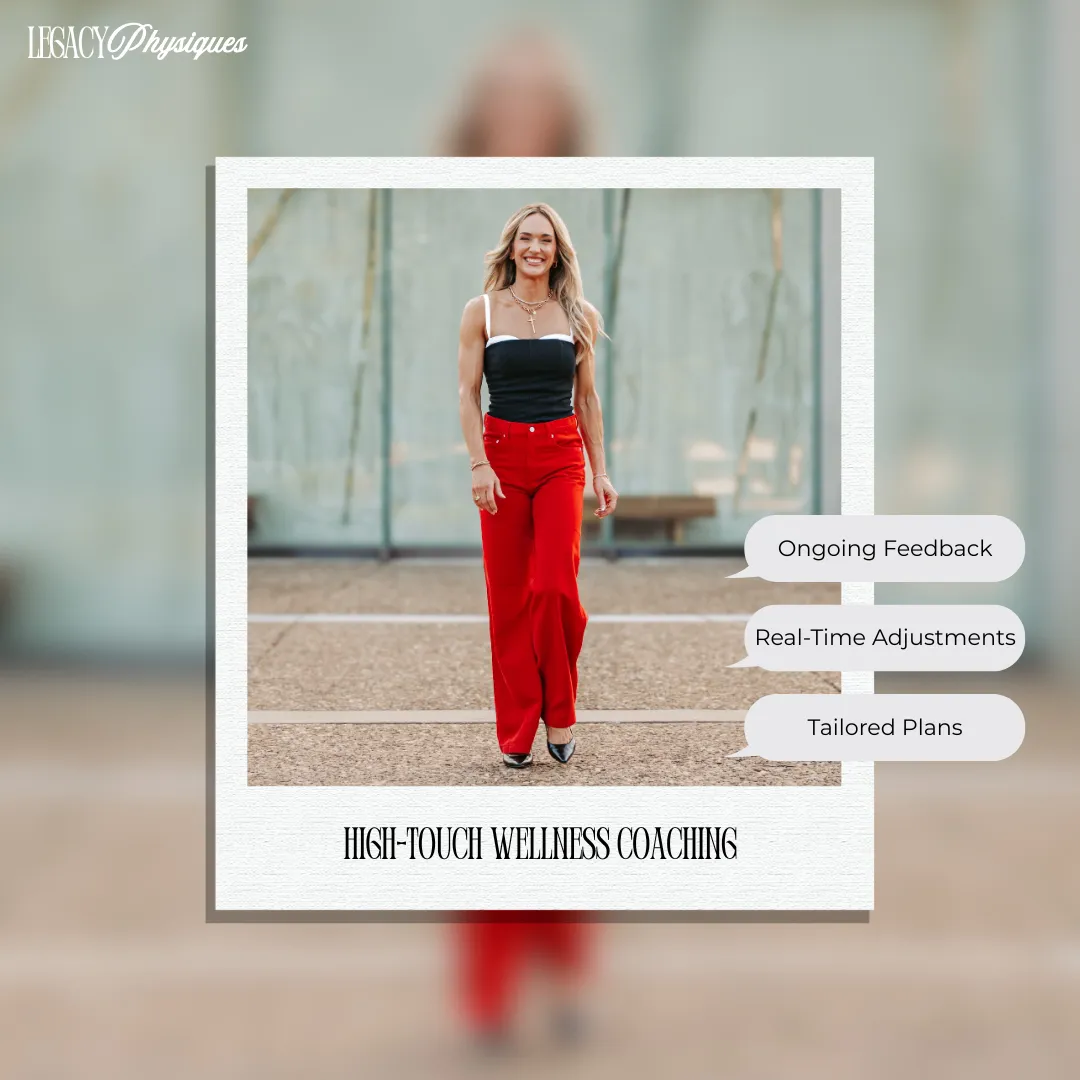 Lindsey Black, women's hormone and physique specialist, walking confidently in red pants and black top, representing high-touch wellness coaching.