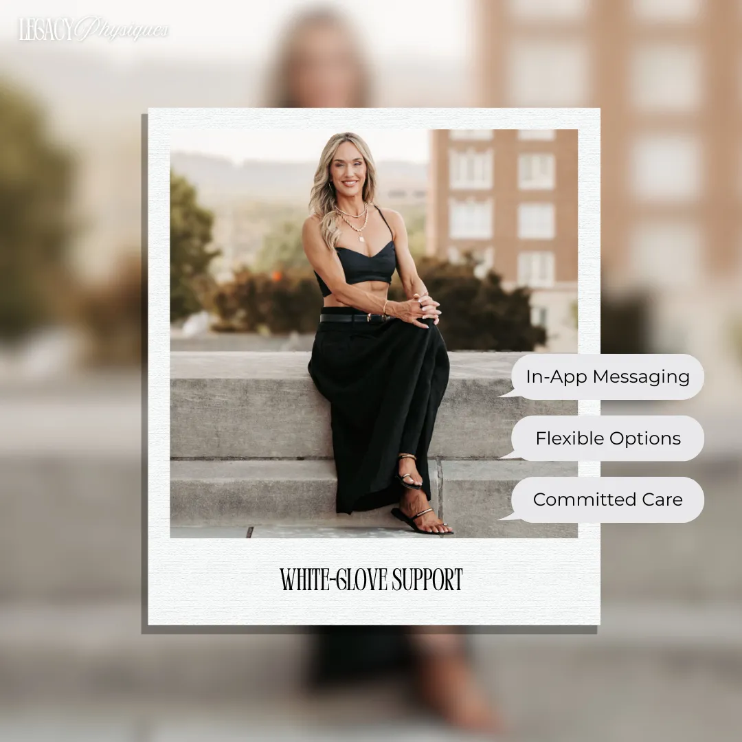 Lindsey Black sitting outdoors in black dress, representing white-glove support with in-app messaging, flexible options, and committed care for clients.